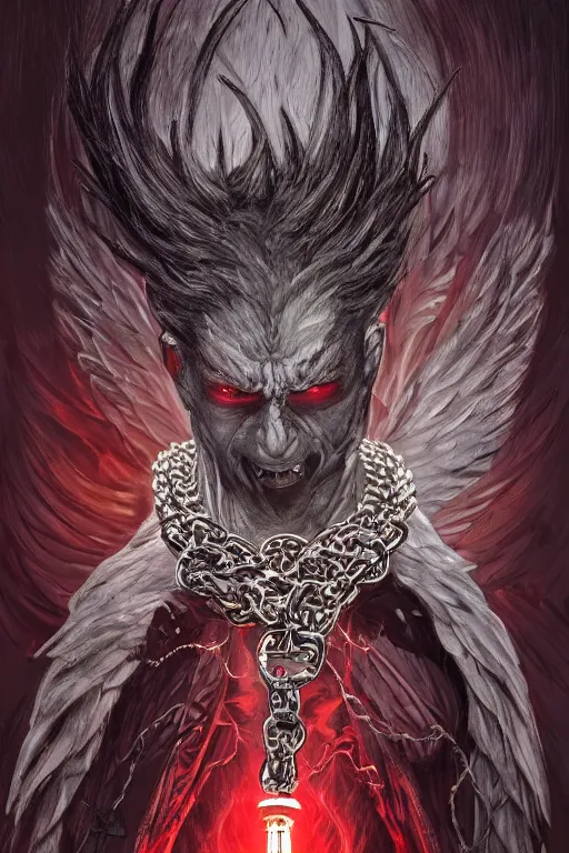 Image similar to lucifer, dark angel, red eyes, chain, handcuffs, large chain, wide open mouth, scream, cruelty, sad, sea bottom, light effect, hyper detailed, intricate, elegant, highly detailed, digital painting, artstation, concept art, matte, sharp focus, illustration, by dan mumford, yusuke murata, makoto shinkai, ross tran