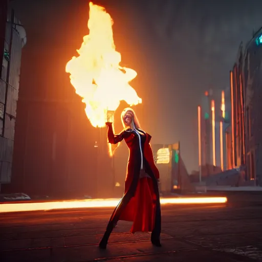 Image similar to beautiful young blonde russian woman from back with flames dancing on her hands with very long jacket in cyberpunk city, realistic, high definition, 4K, shimmering color, art of unreal engine 5 H 1280