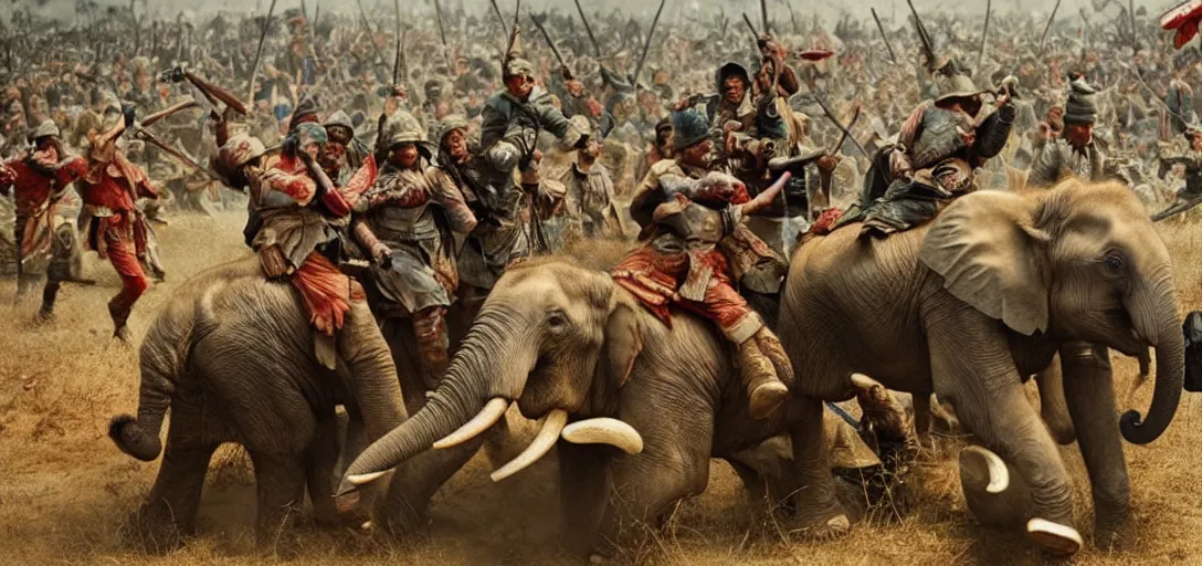 Prompt: the elephant duel of warlords who fight on back of their decorative war elephants in crowd of battlefield, high quality realistic face, a colorized photo, colorized, # film, movie still