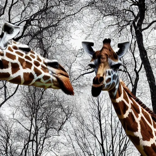Prompt: a giraffe taking a bite out of a tree