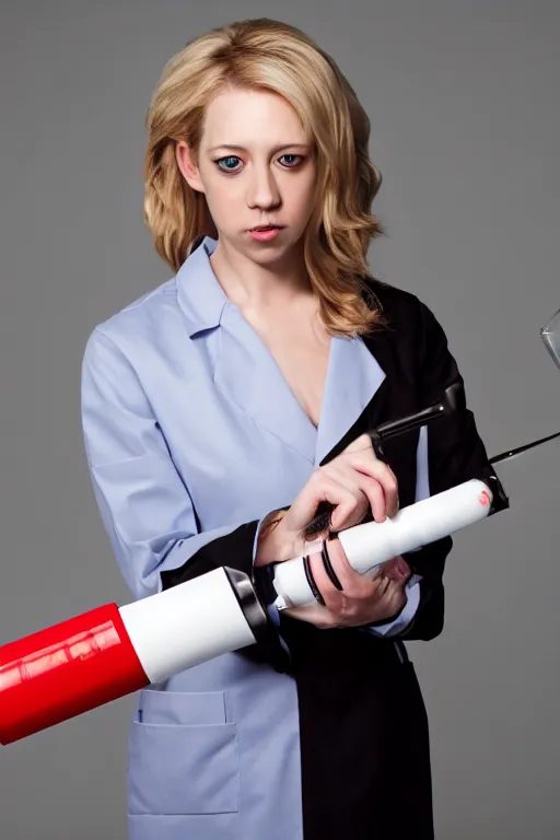 Image similar to elizabeth holmes as a psychopath nurse holding a giant syringe, cosplay, studio lighting