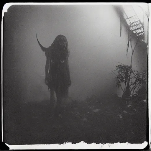 Image similar to an ancient demon-girl devouring a soul on an abandoned mad house, Colombian jungle, mist, 1910 polaroid photography, grainy film, resident evil, Black and white