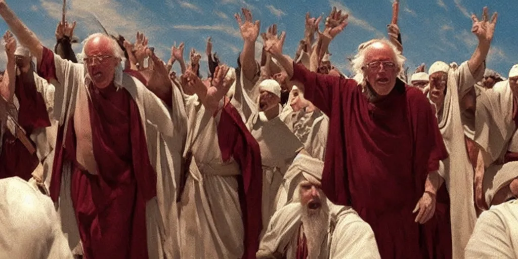 Image similar to Bernie Sanders as Moses, parting the Red Sea, in screenshot from the 10 Commandments movie