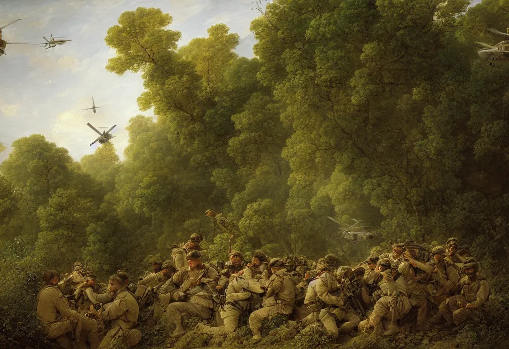 Image similar to afghanistan war by jean honore fragonard, green jungle, helicopters, battlefield, firings, bombs