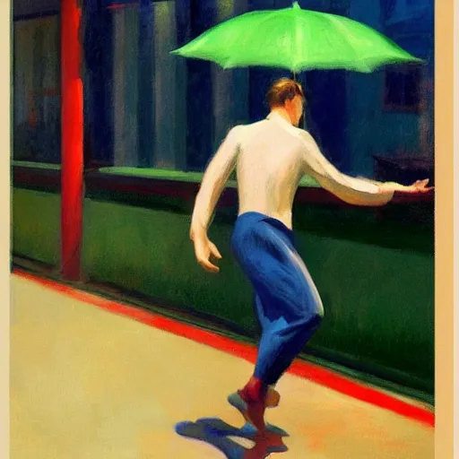 Image similar to man dancing in the rain, edward hopper, trending on artstation,
