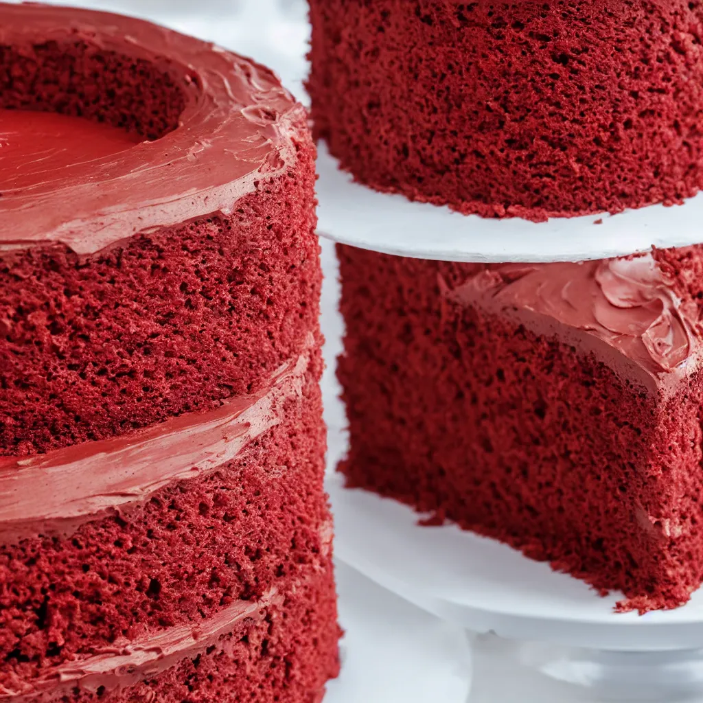 Prompt: close-up photo of a red colored cake on top of a table, 8k, high detail, photorealistic, proper shading