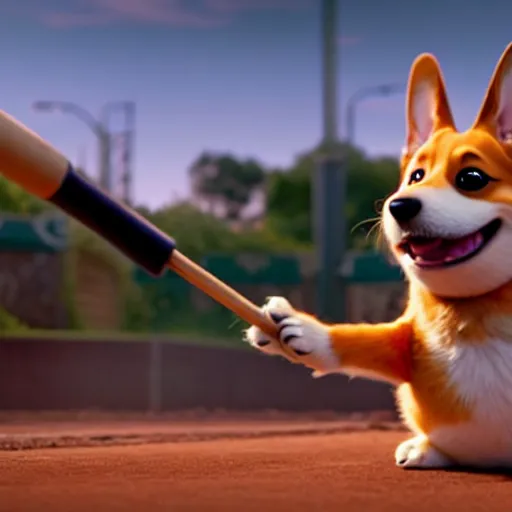 Image similar to weta disney pixar movie still photo of funny corgi with baseball bat : : dog by pixar : : giant sign that says bonk : : by weta, greg rutkowski, wlop, ilya kuvshinov, rossdraws, artgerm, octane render, iridescent, bright morning, anime, liosh, mucha : :