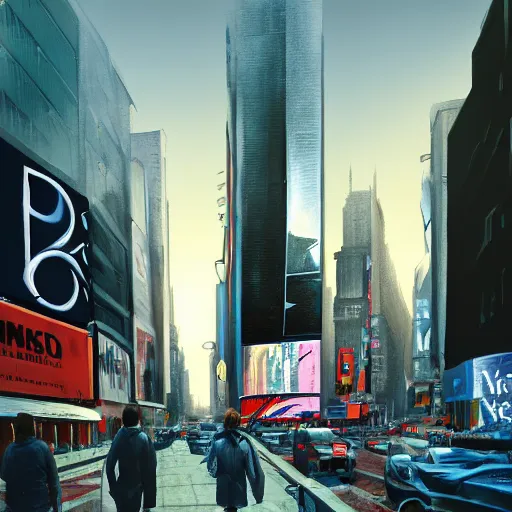 Prompt: modern downtown city, Parisian buildings, billboards, advertisements, Times Square, small buildings, dark, matte painting, concept art, digital painting, style of Ian Hubert, warm lighting, futuristic, volumetric lighting, street view, daytime, godrays , high detail