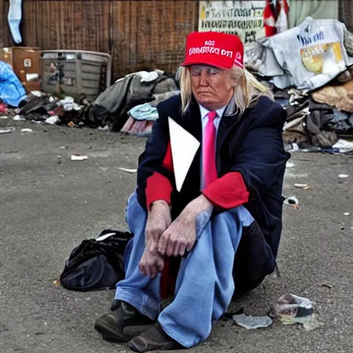 Image similar to donald trump dressed as a homeless man living in the slums