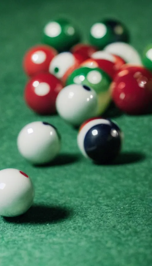 Prompt: ultra realistic billiard ball on green felt pool table with reflection of face, ray tracing, ultra detail, low depth of field, 5 0 mm camera