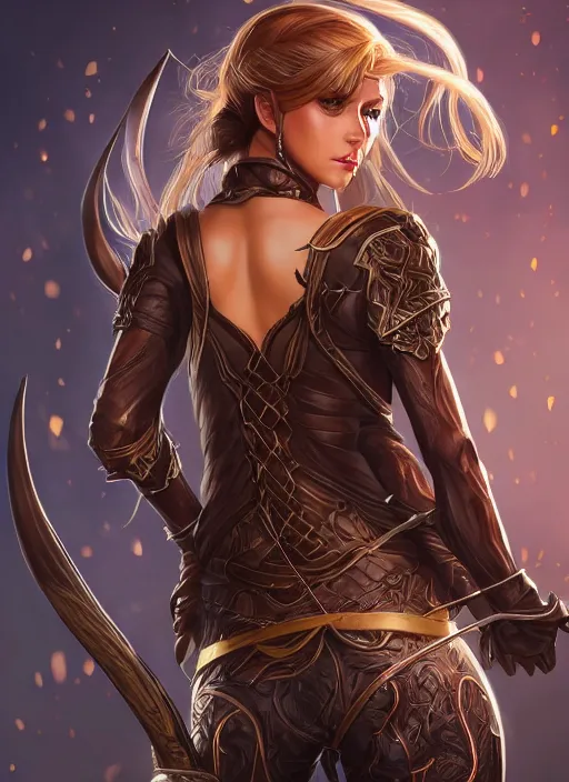 Prompt: full portrait of alluring elf huntress, looking from behind, detailed face, skintight leather suit, wild brunette hair, brown skin, golden eyes, looking at the camera, high fantasy, dnd, extremely detailed, smooth, sharp focus, digital illustation, by rossdraws, sakimichan, wlop