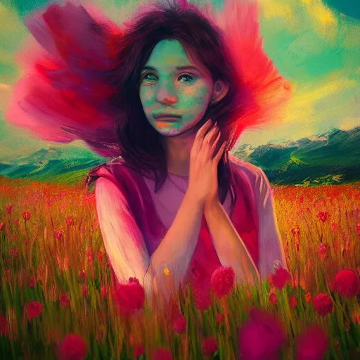 Image similar to girl with a flower face, surreal photography, dream, standing in flower field, magical, in a valley, sunrise dramatic light, impressionist painting, colorful clouds, artstation, simon stalenhag, flower as face