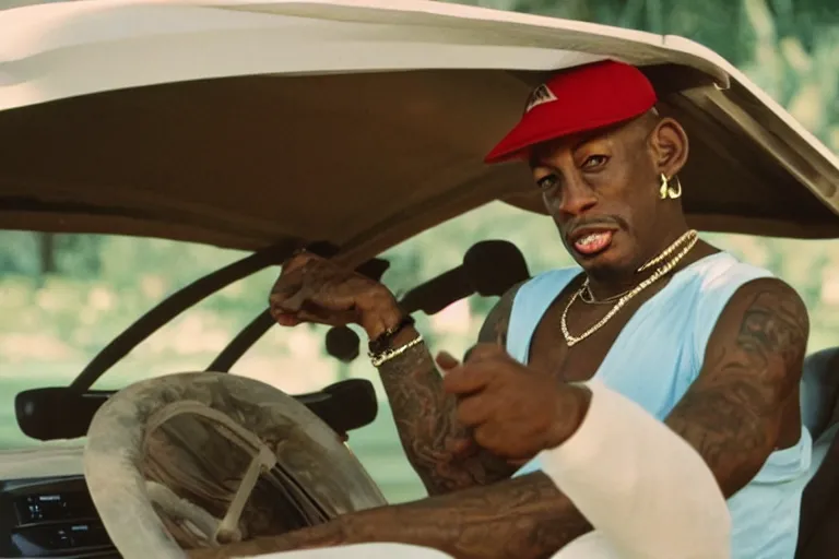 Image similar to dennis rodman in a dress driving a golf cart, movie still, from the new caddyshack movie, dancing gopher from caddyshack, 8 k, hd, cinematic lighting