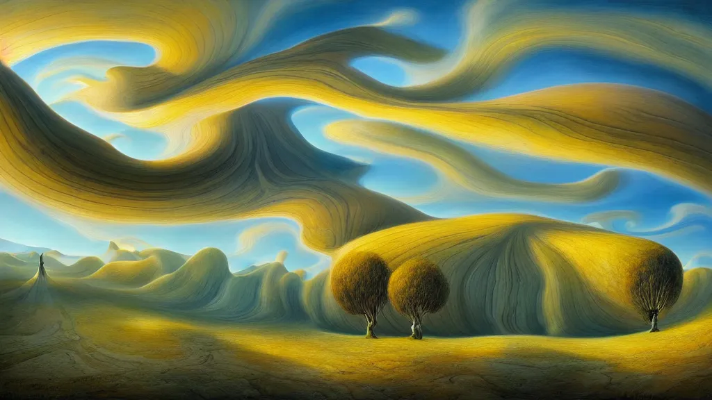 Prompt: surreal landscape, surrealism, poplar tree river valley at sunrise, swirly sky, esao andrews, victor enrich, dali