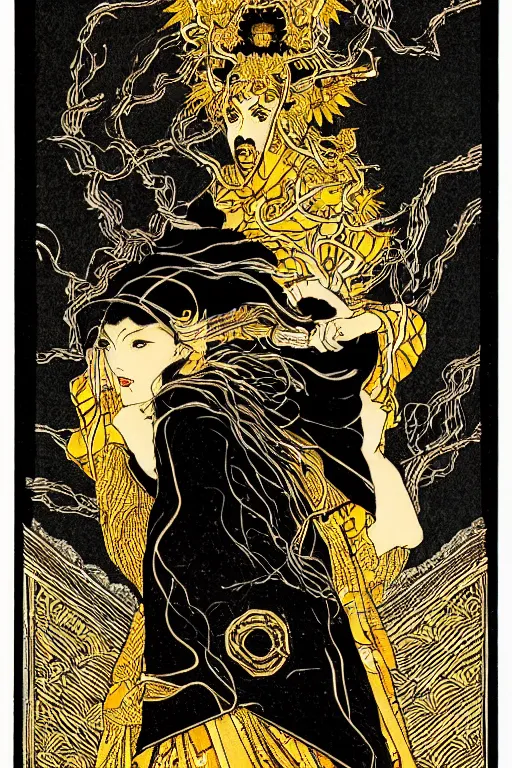 Image similar to highly-detailed vector image of a tarot card by takato yamamoto. natural light, light leaks. 8K HD wallpaper. Black 2.0, metallic gold, metallic silver color scheme.