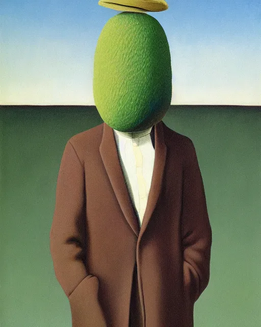 Prompt: oil painting of a man with a kiwifruit covering his face, wearing a bowler hat and overcoat, standing in front of a barren wasteland, by René Magritte