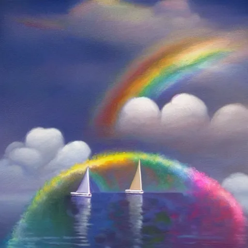 Image similar to by carrie graber mournful tetris. a beautiful body art of a sailboat sailing on a sea of clouds, with a rainbow in the background. the sailboat is crewed by a group of monkeys, & the sails are billowing in the wind.