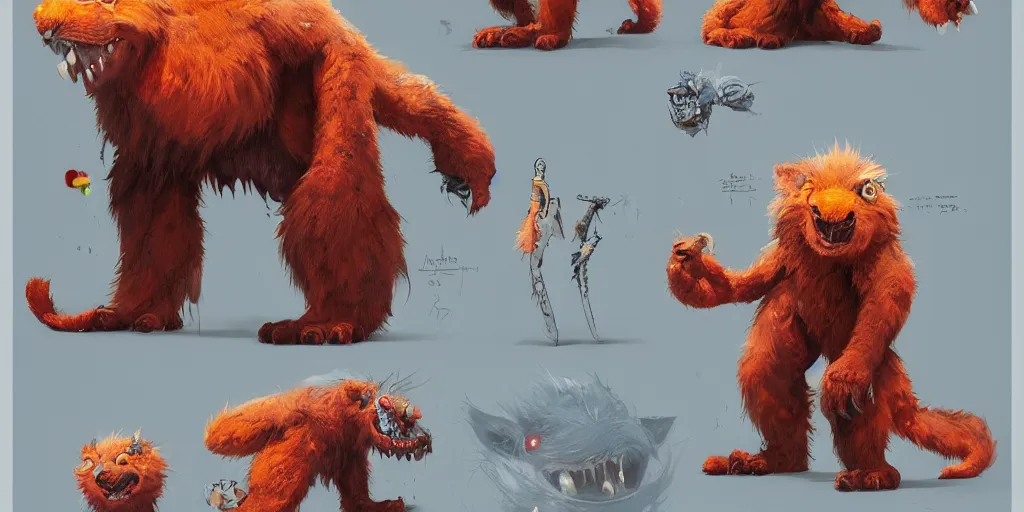 Prompt: big friendly furry monster design, colorful, character sheet, concept design, greg rutkowski, zabrocki, karlkka, jayison devadas, trending on artstation, 8 k, ultra wide angle, zenith view, pincushion lens effect