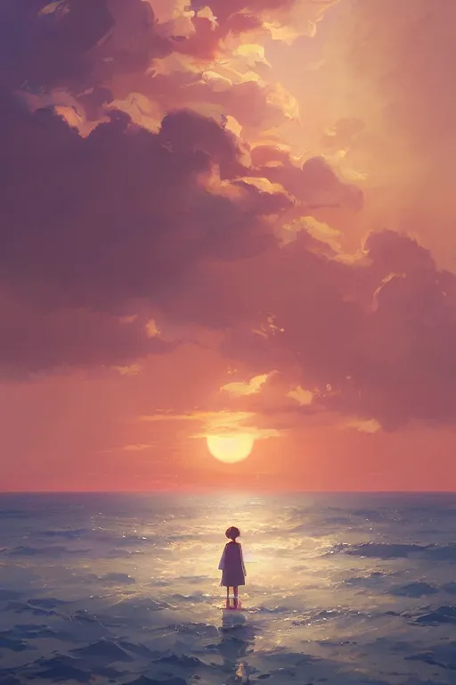 Prompt: a beautiful painting of sunset, round red sun, gorgeous clouds in the sky, warm seaside town, white sailboat on the sea, japanese animation style, by hayao miyazaki, by greg rutkowski, trending on artstation