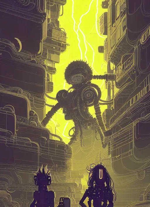 Image similar to highly detailed portrait of wasteland punk long curly bright yellow and white plasma electricity hair tribal lady, stray electric spark wiring by atey ghailan, james gilleard, by joe fenton, by greg rutkowski, by greg tocchini, by kaethe butcher, 4 k resolution, gradient yellow, black and white color scheme!!! ( ( lightning cloudy robotic dystopian city background ) )