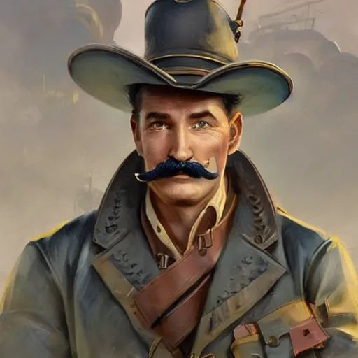Prompt: a highly detailed epic cinematic concept art CG render digital painting artwork costume design: Errol Flynn as a 1950s sly engineer with a thick moustache. By Greg Rutkowski, Ilya Kuvshinov, WLOP, Stanley Artgerm Lau, Ruan Jia and Fenghua Zhong, trending on ArtStation, subtle muted cinematic colors, made in Maya, Blender and Photoshop, octane render, excellent composition, cinematic atmosphere, dynamic dramatic cinematic lighting, aesthetic, very inspirational, arthouse