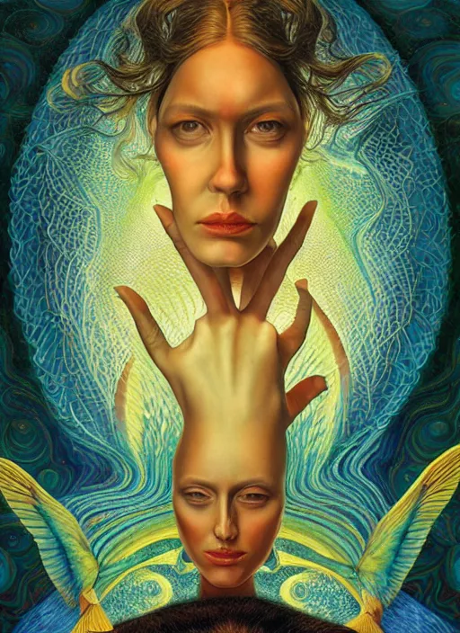 Prompt: portrait ultra dimensional cult woman shaman, enlightenment tripping on dmt, psychedelic experience, ultra high definition, unreal engine 5, hyperrealism, masterpiece composition, by michael parkes, casey weldon, barclay shaw