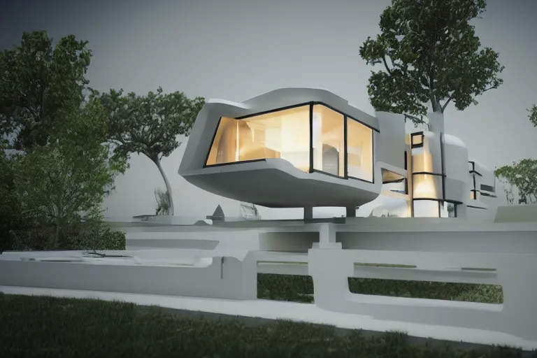 Image similar to photo of a futuristic house designed in the style of seppo mantyla, 4 k, realistic render