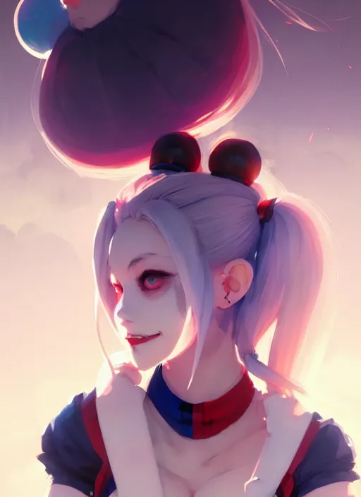 Image similar to portrait of cute harley quinn, cloudy sky background lush landscape illustration concept art anime key visual trending pixiv fanbox by wlop and greg rutkowski and makoto shinkai and studio ghibli