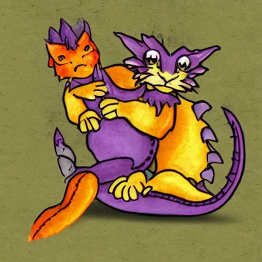 Image similar to small cute purple dragon, the dragon is hugging an orange tabby cat, soft, cozy