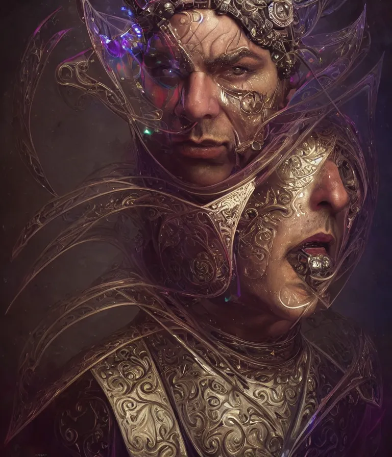 Image similar to front!!! shot of a court jester!!! character, mesmerizing hypercubes, dark holography!!!, future, chrome, crystalline edges, (((intricate))), elegant, highly detailed, centered, (((artstation, concept art, smooth, sharp focus, artgerm, Tomasz Alen Kopera, Peter Mohrbacher, donato giancola, Joseph Christian Leyendecker, WLOP, Boris Vallejo))), ((raytracing)), mugshot!!!!!, ugly!!!!!!, octane render, nvidia raytracing demo, octane render, nvidia raytracing demo, octane render, nvidia raytracing demo, grainy, muted, 8K, digitalblasphemy, metatron