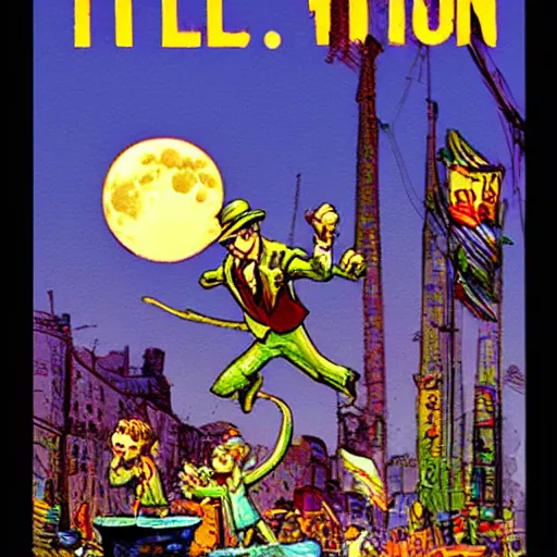 Image similar to full moon, figurines, travel!! tilt shift, style of will eisner, full of color, on white, smooth, thin sharp lines, detailed