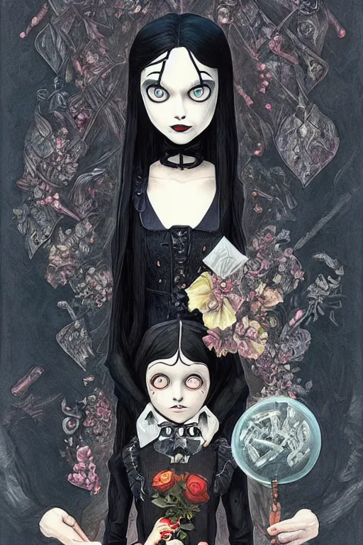 Image similar to beautiful cottagecore Wednesday Addams holding a Coraline doll, Black Hair, Goth, gothic, castlevania, intricate, elegant, highly detailed, digital painting, artstation, concept art, smooth, sharp, focus, illustration, art by artgerm and greg rutkowski and alphonse mucha