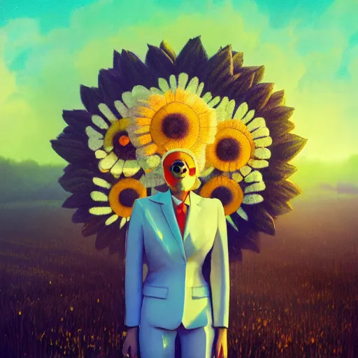 Image similar to giant daisy flower face, frontal, girl in a suit, surreal photography, sunrise, dramatic light, impressionist painting, digital painting, artstation, simon stalenhag