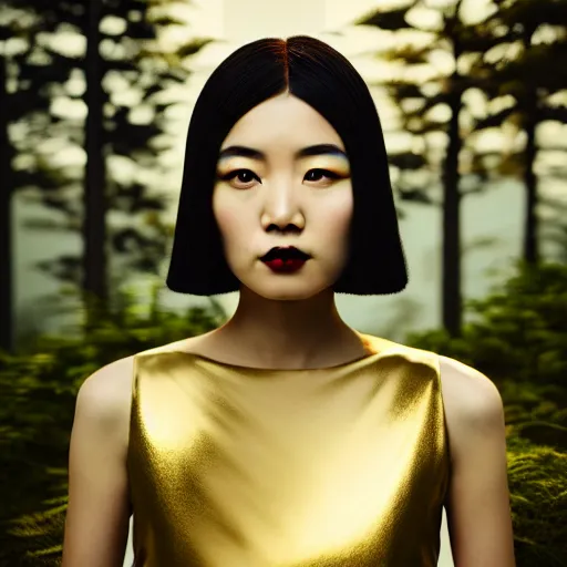 Image similar to innovative avant - garde art, deco fashion, asian women, highly detailed, photorealistic portrait, serene forest setting, golden hour, crisp quality and light reflections, octane render