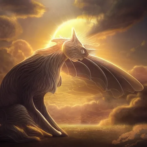 Image similar to the ancient world, hyper complexity, highly detailed, cinematic lighting, pastel colored sunrise, flying robotic cats with gold metal huge wings on its back in the cloudy sky, sharp outlines, complete whole cat body, another sleeping cat face in the clouds watching each other, hyperrealistic, trending on pixiv fanbox, love death robot,