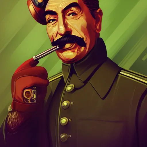 Image similar to cyberpunk joseph stalin smoking a pipe as the leader of a futuristic communist society, cybernetics, sharp lines, digital, artstation, colored in