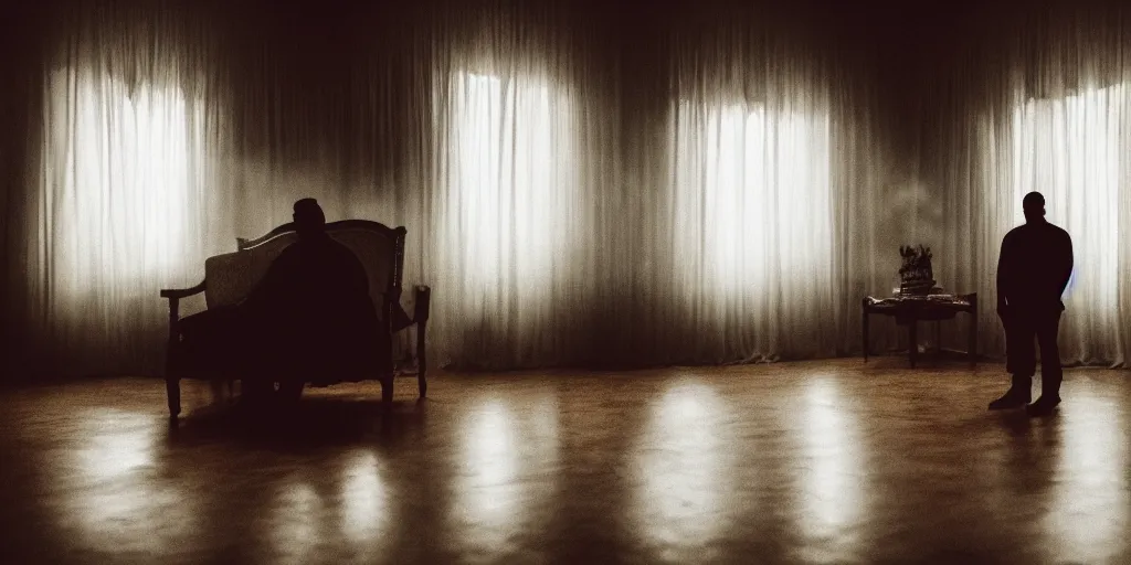 Image similar to photo style of nick fancher, portrait of silhouette of big black man sitting on throne, hazy foggy background and floor made of big curtains