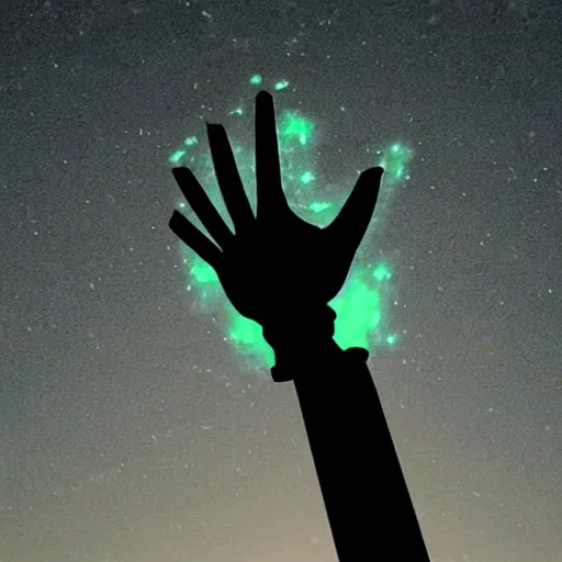 Image similar to a black gloved hand holding a dinly glowing shard of kryptonite in pitch black