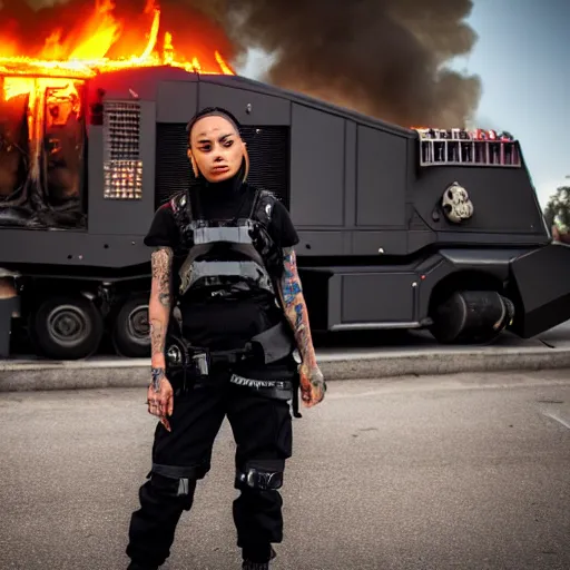 Image similar to Candid extreme wide shot of a poor techwear mixed woman with short hair and tattoos outside of a futuristic Los Angeles on fire, a police MRAP on fire, cyberpunk, 4k, extreme long shot, desaturated, full shot, action shot, motion blur, depth of field, sigma 85mm f/1.4, high resolution, 4k, 8k, hd, full color, award winning photography, war photography