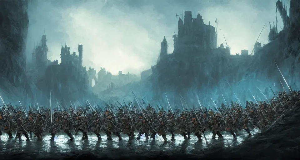 Prompt: medieval fantasy Army marching along a river, Scenic view at night, underexposed, clean horizon, matte painting by craig mullins and dan mumford, dark fantasy, style of game of thrones, concept art trending on artstation, 4k, insane details