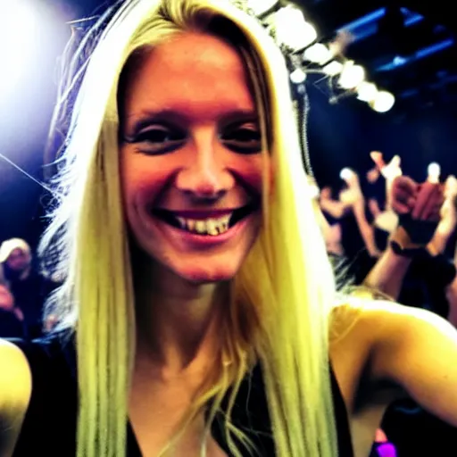 Image similar to skinny blond reporter with long deadlocks takes a smiling selfie in front a rave, winking at the camera, high detail, full focus, time magazine 2 0 2 2