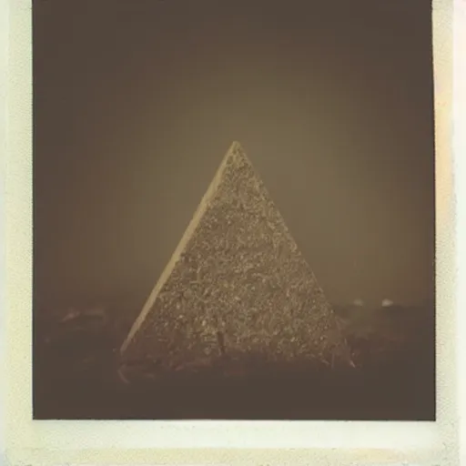 Image similar to a stone pyramid in the middle of a forest clearing, foggy, eerie, creepy, unsettling, lost footage, old polaroid, expired film,