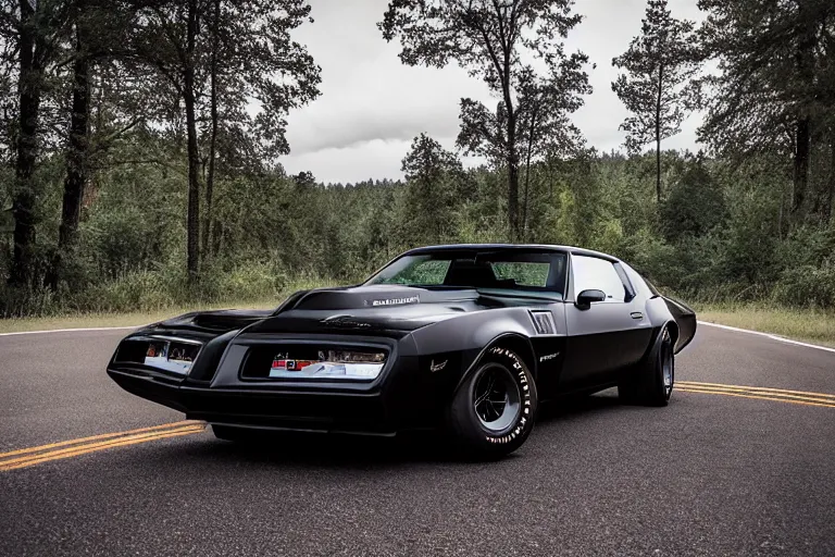 Image similar to pontiac firebird trans - am with black paint, sunrise, eerie light, fireflies, dog watching the car, dramatic, cinematic, forest, horror, sunbeams, volumetric lighting, wide shot, low angle, lightning storm hitting the car, ground cracking open to reveal a portal to hell