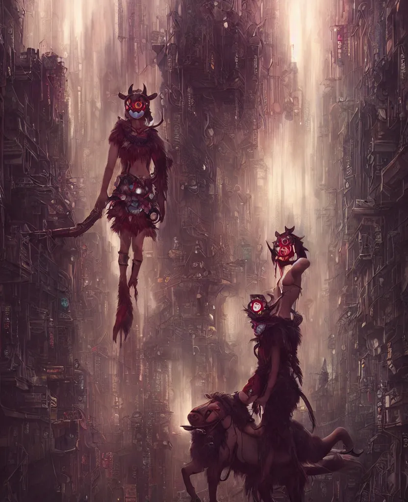 Image similar to hyper realistic Princess Mononoke, spooky mask, busy cyberpunk metropolis, city landscape, jewels, style of tom bagshaw, mucha, james gurney, norman rockwell, denoised, sharp