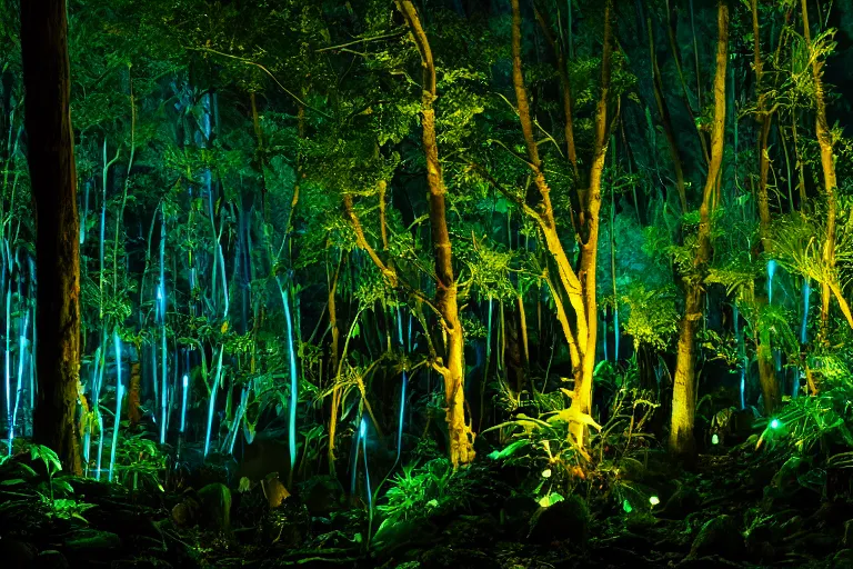 Image similar to scene still of avatar variety bioluminescent forest at night. 4 k cinematic cg weta weta weta color grading lut balance perfect lighting