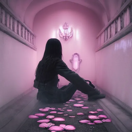 Image similar to cloudy cemetary with pink petals on the floor, goth woman sitting down, intricate details, complementary lighting, detailed face, backlighting, octane render, raytraced, depth of field, beautiful face, extremely detailed, trending in artstation, focus on face, sharp focus, radiant light, beautiful composition, yihao ren, zochi, zero - hour, jean paul fiction