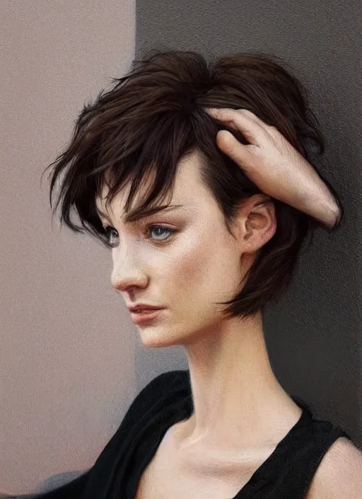 Prompt: british woman with short rich brunette hair, sitting at a cafe, vibrant hazel eyes, serious, freckles, black tanktop, in the style of stefan kostic, realistic, full body shot, sharp focus, 8 k high definition, insanely detailed, intricate, elegant, art by stanley lau and artgerm, makoto shinkai and lois van baarle f
