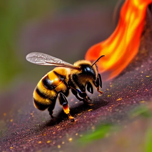 Image similar to a bee landing on a burning flower, the forest is on fire, there is fire everywhere, beautiful macro photography, perfect focus, nice composition