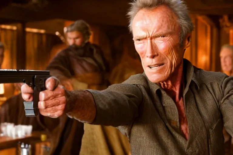 Prompt: film still of clint eastwood aiming a colt in tavern scene in new star wars 4 k