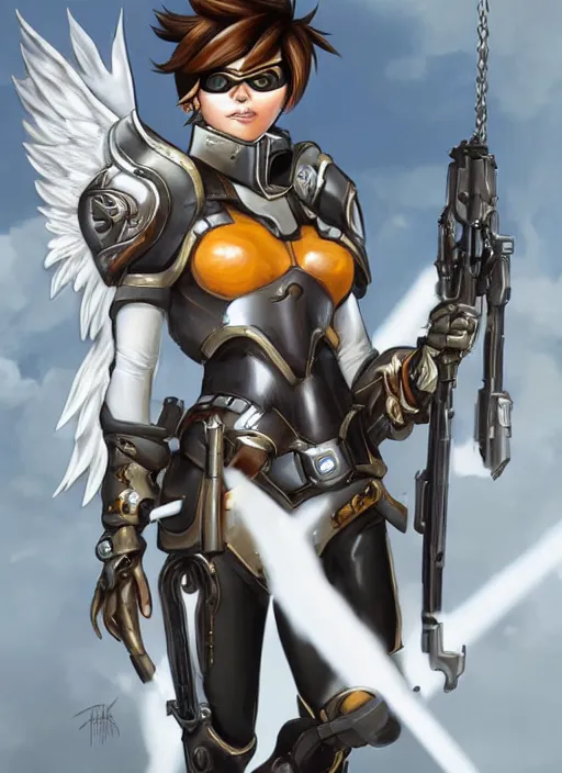 Image similar to full body artwork of tracer overwatch, wearing white steel armor outfit, in style of mark arian, angel wings, dramatic painting, wearing detailed leather collar, ornate highly detailed white shiny armor, chains, black harness, detailed face and eyes,